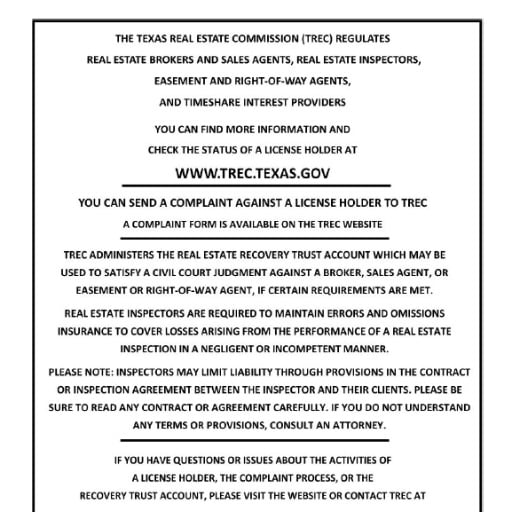 Texas Real Estate Commission Consumer Protection Notice