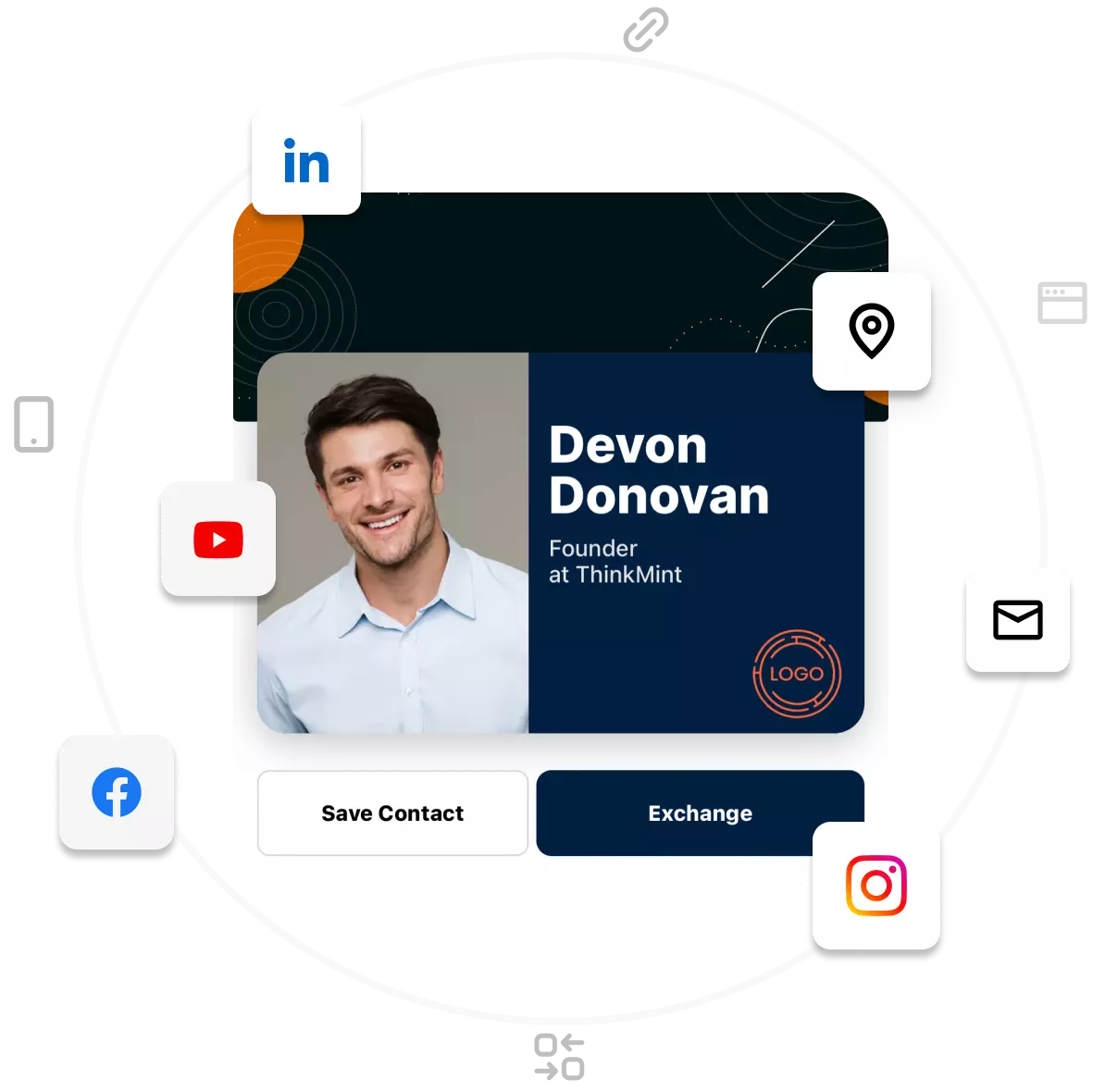 Digital illustration of OVOU profile card with name, title, and picture. Along with icons around the image showing possible social media and other custom links you can add to your profile.