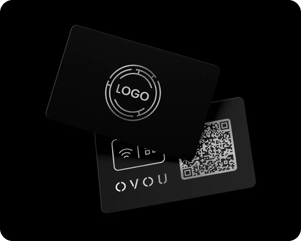 Silver foil on matte black smart NFC business card with QR code on the back and OVOU branding. Front side allows for customization.