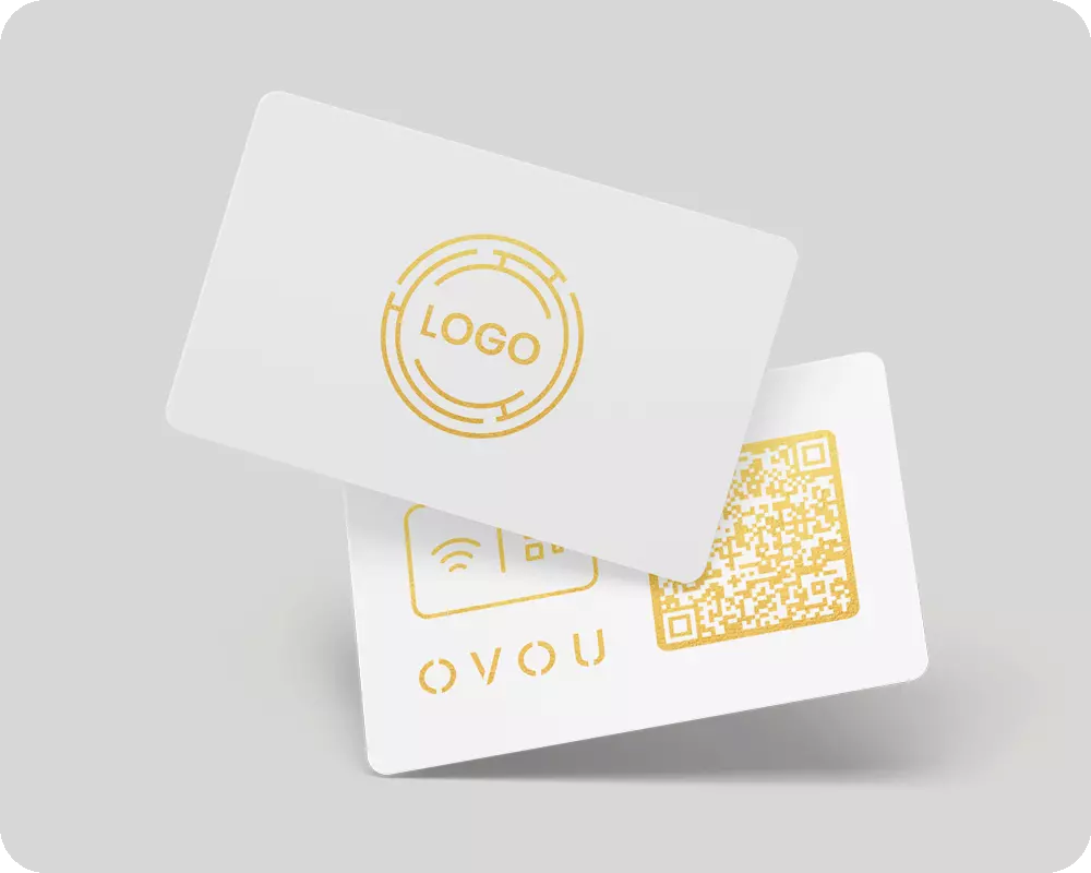Gold foil on matte white smart NFC business card with QR code on the back and OVOU branding. Front side allows for customization.