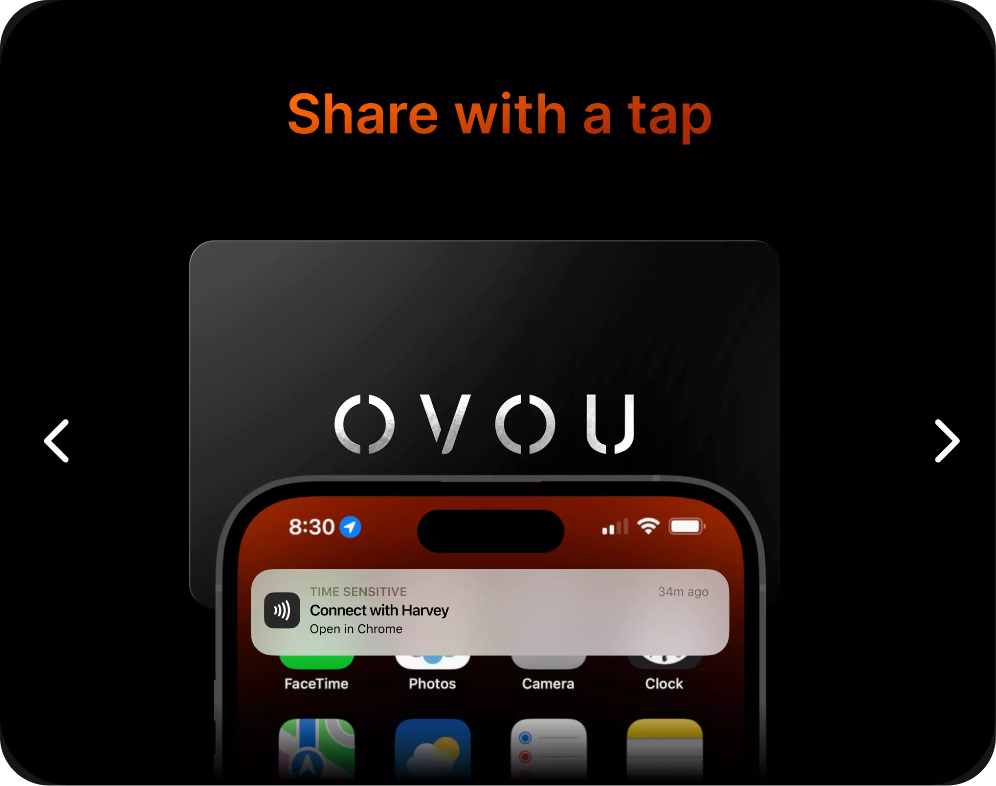 Illustration of OVOU smart card tapping behind smart phone. Phone screen is showing iOS homepage with notification that reads "Website NFC Tag. Open "ovou.me" in Safari"