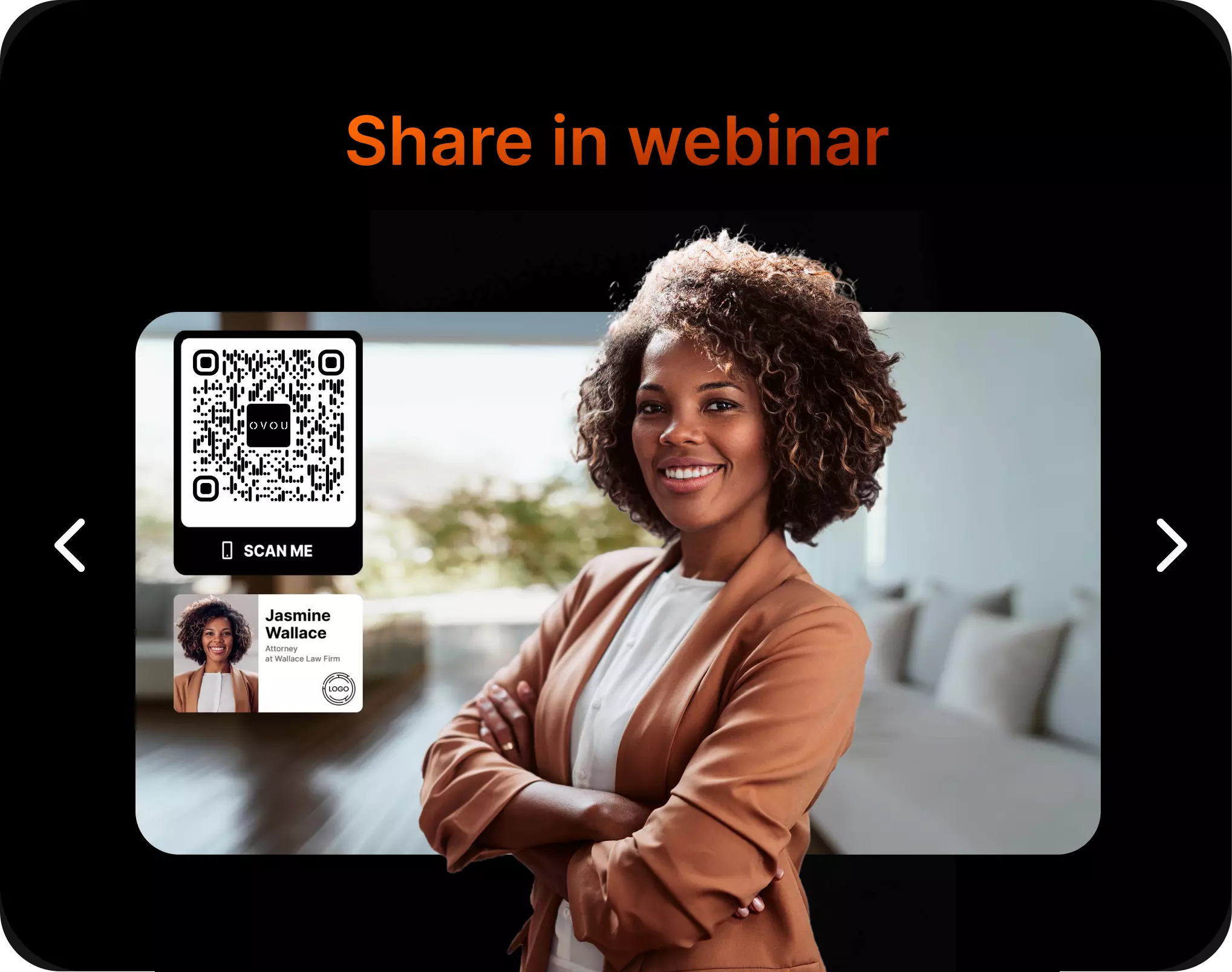 Image of professional black woman in front of a virtual background with her OVOU QR code in the background.