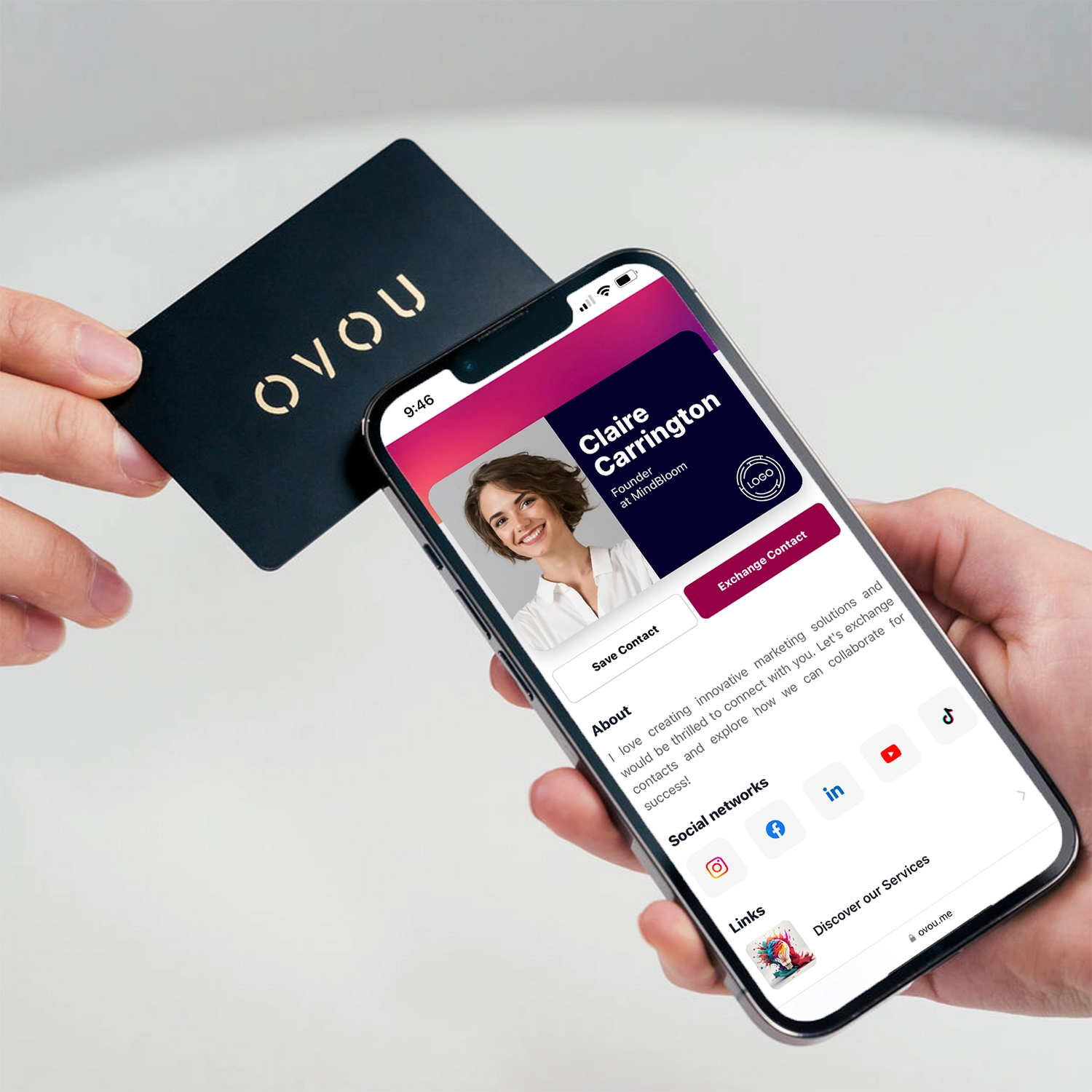 tapping OVOU digital business card to smartphone. Showing person's digital business profile with her content on the phone.