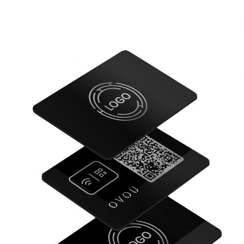 Smart Business Card stack in black and silver printing with QR code and logo.